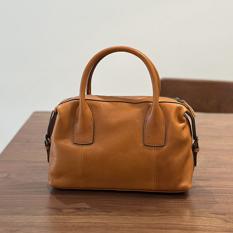 Genuine Top Layer Vegetable-Tanned Cowhide Boston Bag for Women, Minimalist Vintage Shoulder Crossbody Top Handle Purse, Fashionable Commute Handbag for Ladies
