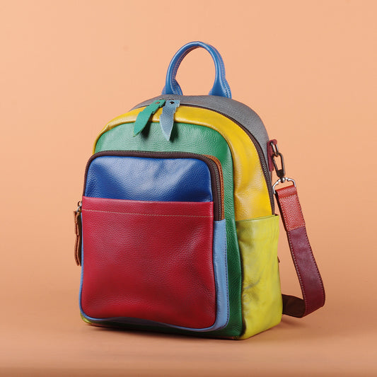 Premium Top-Layer Cowhide Leather Multi-Color Random Color-Block Backpack for Women | New Vintage Distressed Trendy Daypack with Unique Artistic Flair | Spacious Rucksack for Travel, School & Daily Outings | Statement Accessory with Bohemian Personal