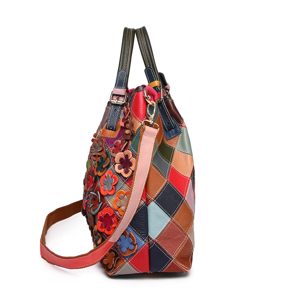 Genuine Top Layer Cowhide Colorful Floral Patchwork Handbag for Women, New Arrival Handmade Plaid Crossbody Shoulder Purse, Designer Leather Bag for Ladies