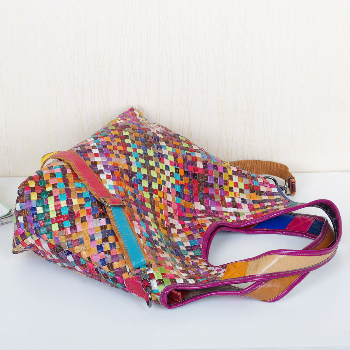 Genuine Leather Colorful Handwoven Bag for Women, Casual Travel Shoulder Crossbody Top Handle Purse, Straw Style Woven Handbag for Ladies