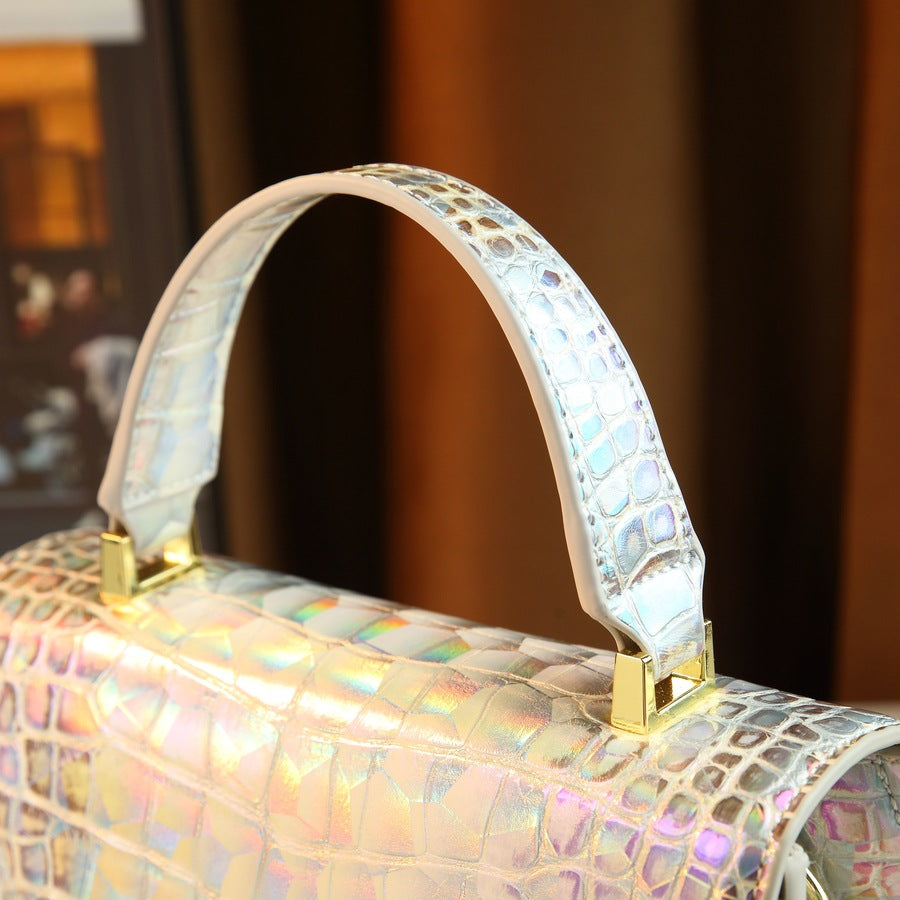 Chic Iridescent Croc-Effect Small Square Bag for Women, A Light Luxury Top-Handle Crossbody Shoulder Handbag with Shimmering Finish, Perfect for Summer Style