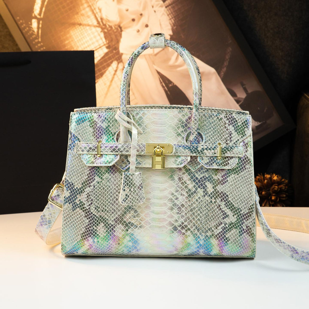New Arrival Python-Embossed Birkin-Inspired Tote Bag for Women, Premium Genuine Leather Large Capacity Top-Handle Handbag with Luxurious Design, Trendy Everyday Purse