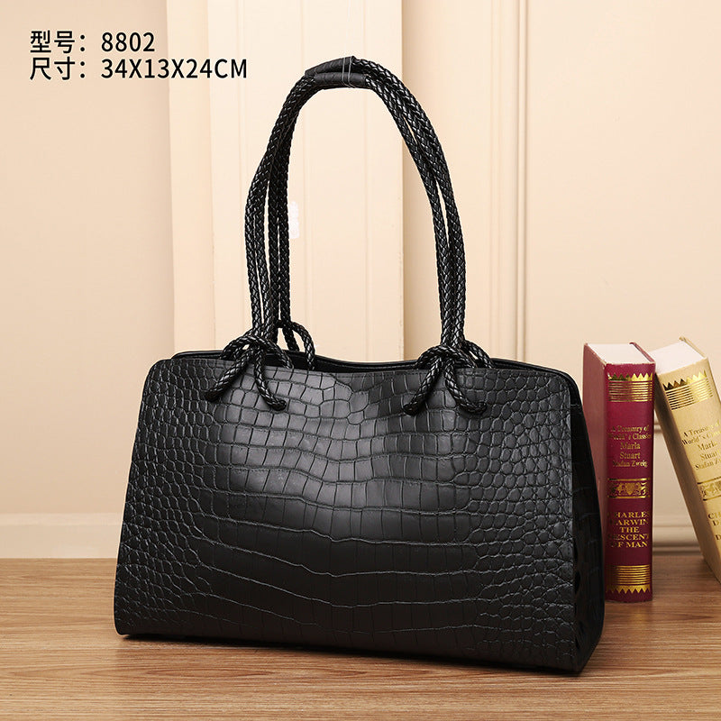 Genuine Leather Crocodile Embossed Woven Tote Bag for Women Large Capacity Shoulder Handbag, Travel Mommy Bag with Basket Style Design