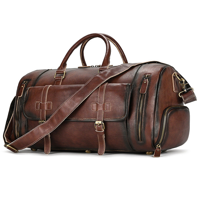Crazy Horse Leather Large Capacity Travel Duffle with Shoe Compartment, Top Handle Shoulder Crossbody Bag, Premium Weekender for Men