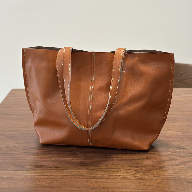Genuine Top Layer Cowhide Tote Bag for Women, New Vintage Large Capacity Shoulder Top Handle Handbag, Minimalist Everyday Purse for Ladies