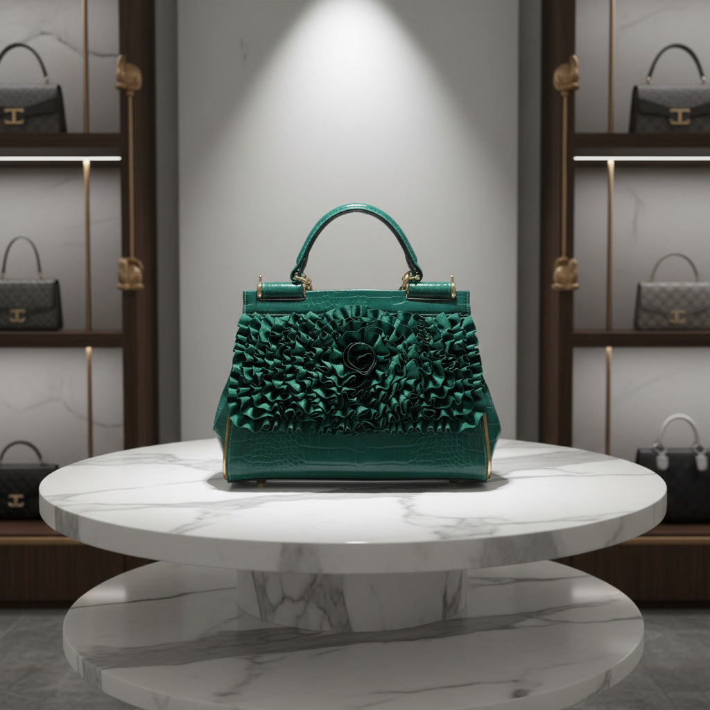 Genuine Leather Ruffle Top Handle Handbag for Women, Premium Textured Light Luxury Bag, Designer Style Ladies Purse