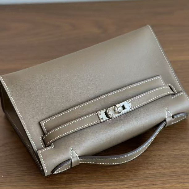 Genuine Swift Leather Mini Kelly-Style Bag for Women, 2025 Spring Summer Hermès-Inspired Top Handle Chain Shoulder Purse, Light Luxury Everyday Handbag for Ladies