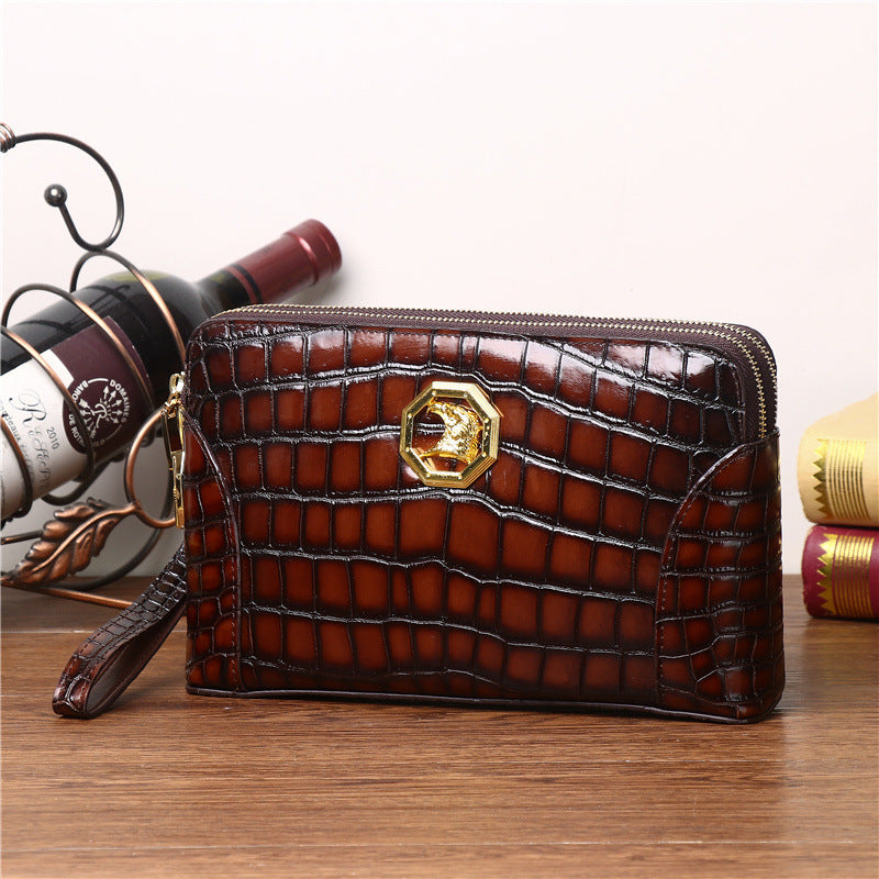 New Arrival Genuine Leather Croc-Effect Clutch Bag for Men, A Large Capacity Business Hand Grab Bag with Double-Zip & Combination Lock, Perfect for Travel & Work