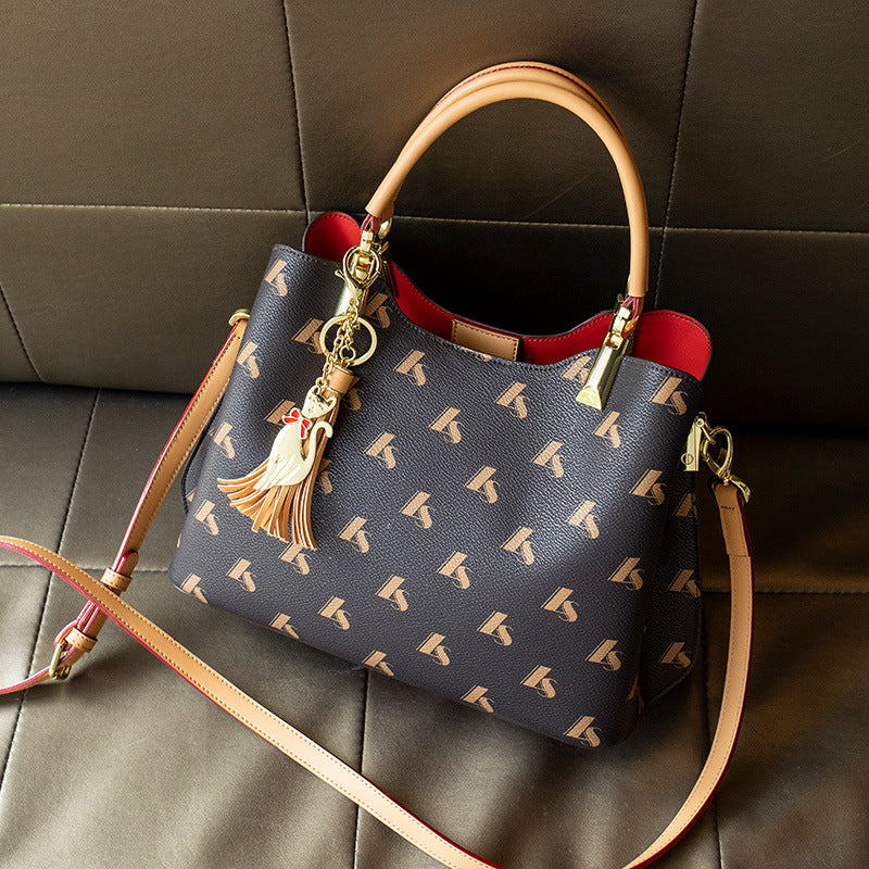 Women's Light Luxury Genuine Leather Tote Bag, Elegant Printed Handbag for Middle-Aged Ladies, Mom's Everyday Carryall