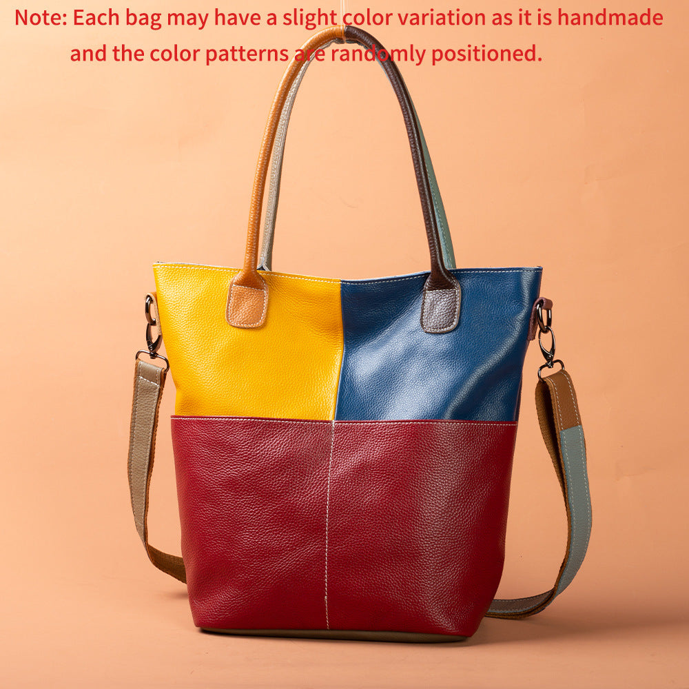 Genuine Cowhide Vintage Color Block Patchwork Tote Bag for Women, New Arrival Top Handle Shoulder Crossbody Handbag, Versatile Casual Purse for Ladies