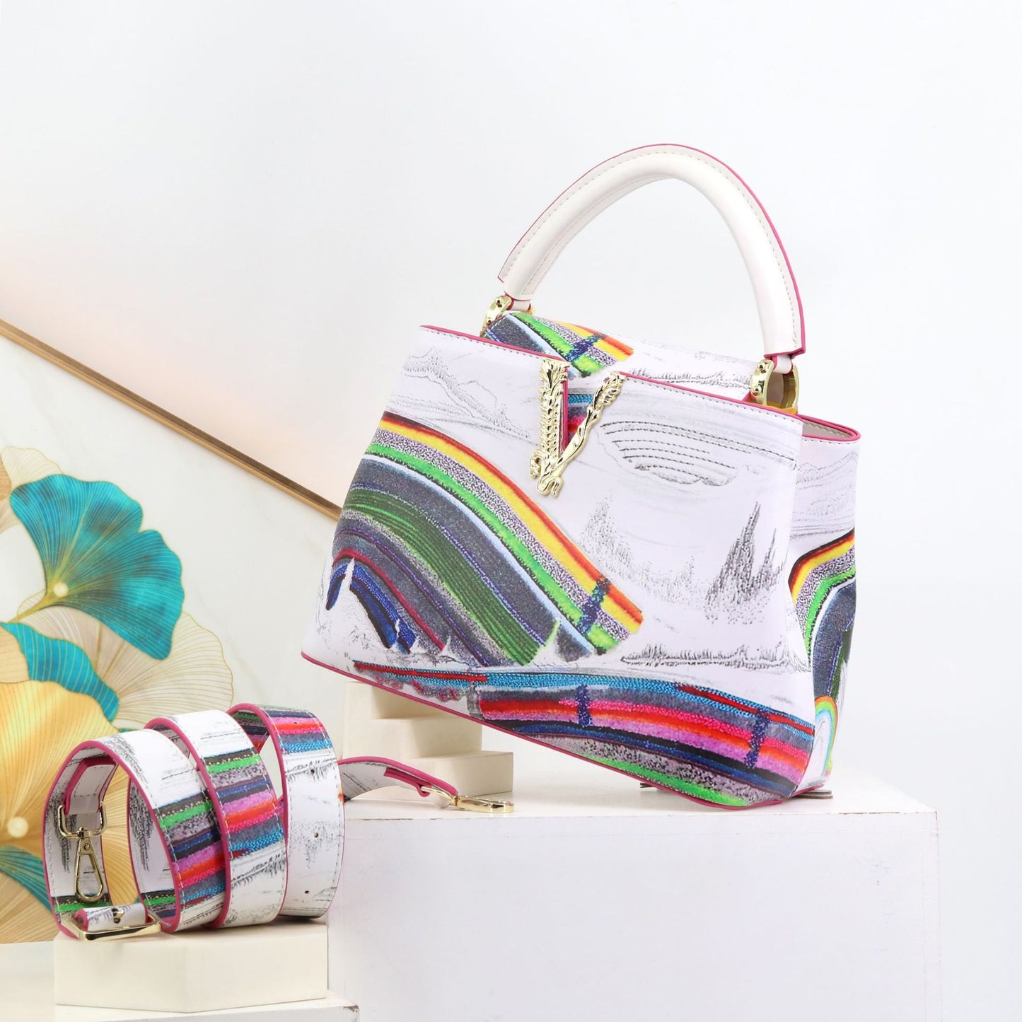Genuine Leather Fashionable Printed Handbag, Top Handle Crossbody Purse for Ladies