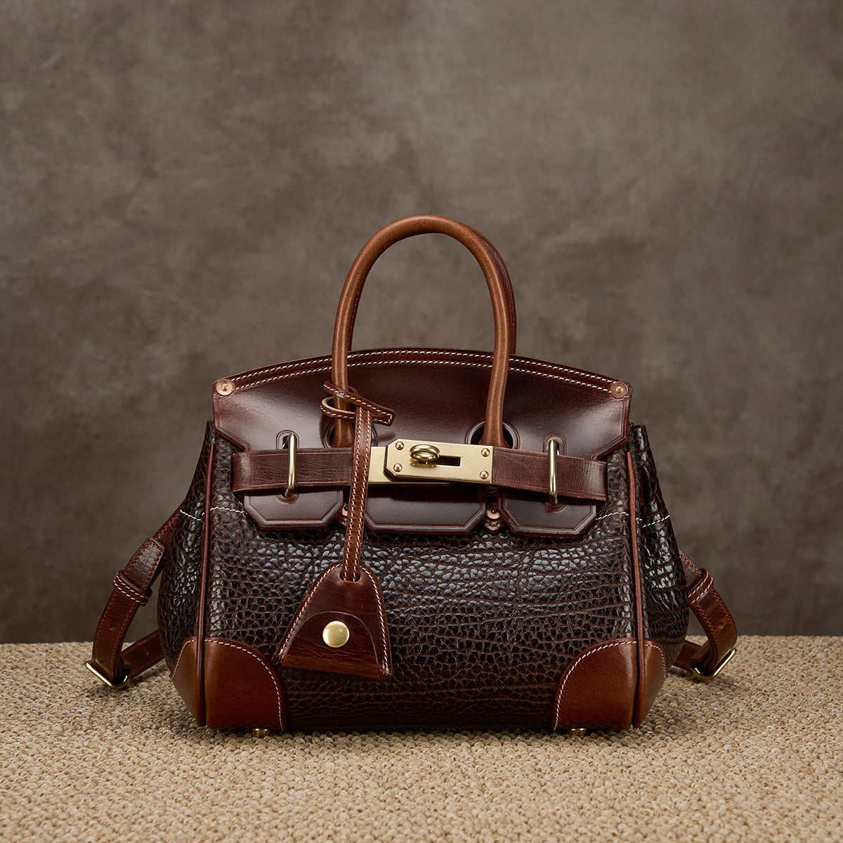 Genuine Italian Tree Bark Cowhide Birkin-Style Bag for Women, Vintage Heavy-Duty Textured Kelly-Style Crocodile-Embossed Shoulder Crossbody Purse, Premium Handbag for Ladies