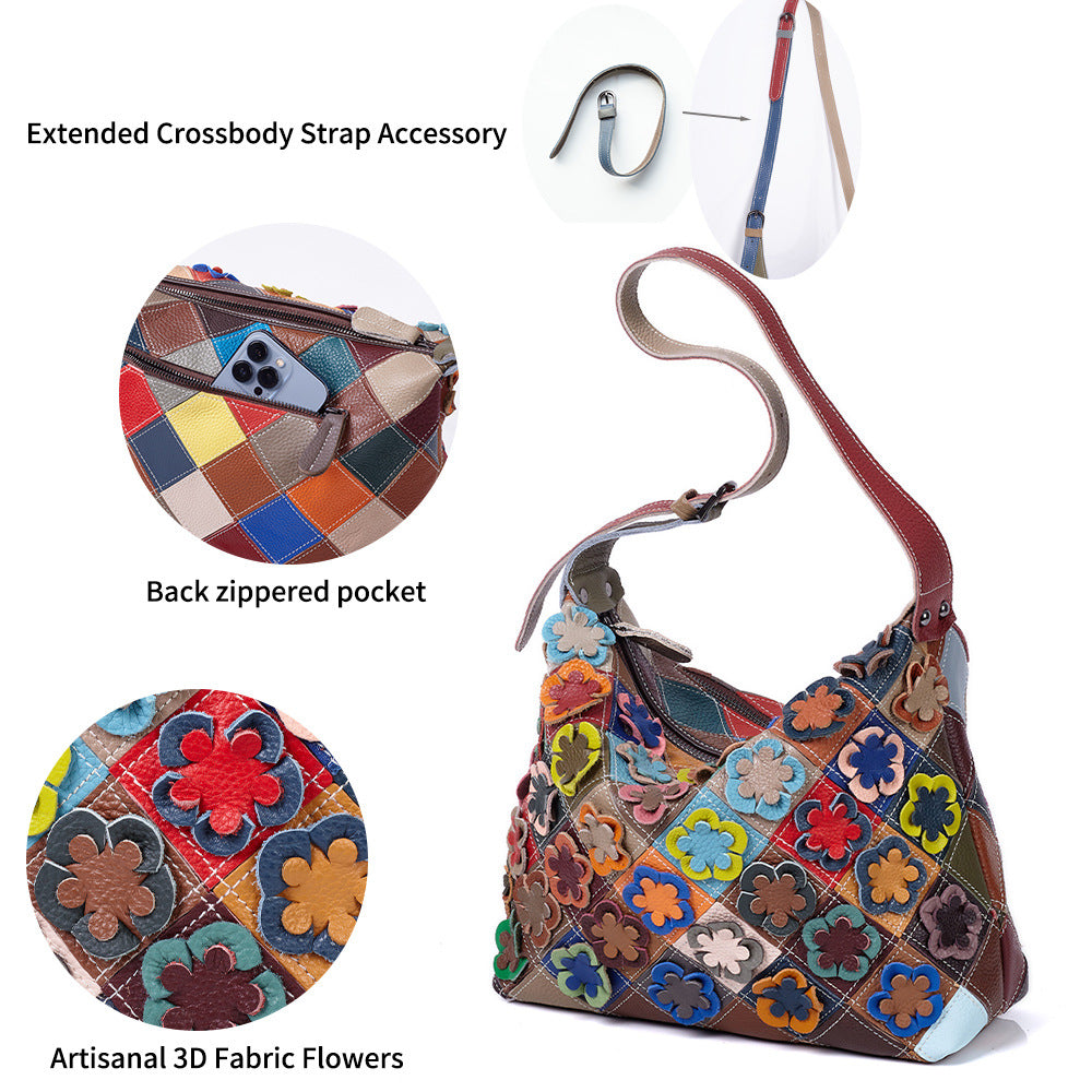 Premium Handcrafted Floral Color-Block Quilted Leather Bag for Women | New Genuine Cowhide Shoulder Purse with Unique Artistic Floral Patchwork Design | Casual Chic Everyday Handbag with Bohemian Flair | Trendy Statement Accessory for the Style-Consc