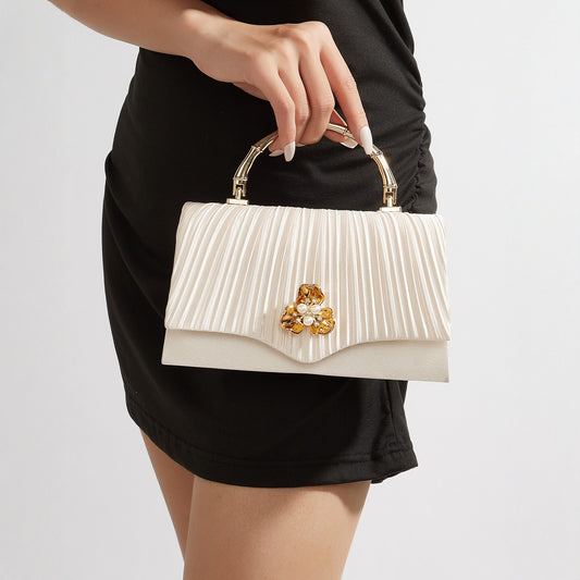 Pearl Floral Chain Evening Clutch for Women, New Pleated Chanel-Style Top Handle Crossbody Purse, Premium Formal Handbag for Ladies