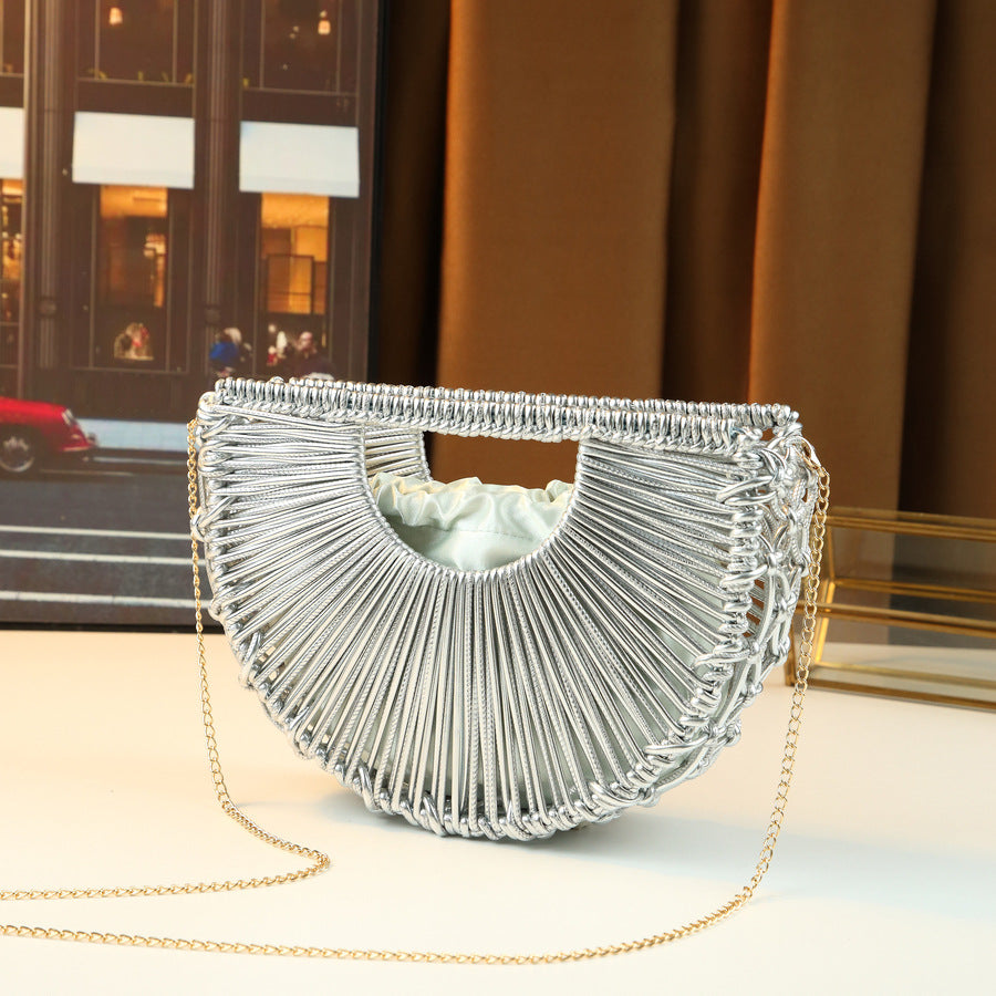 Line Woven Hollow Semi-Circle Bag for Women Niche Shoulder Crossbody Handbag, Exquisite Designer Purse with Artistic Open-Weave Design