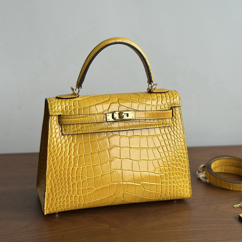 Genuine Leather High-Gloss Crocodile-Embossed Kelly-Style Bag for Women, New 2nd Gen Mini Top Handle Shoulder Purse, Premium Handbag for Ladies