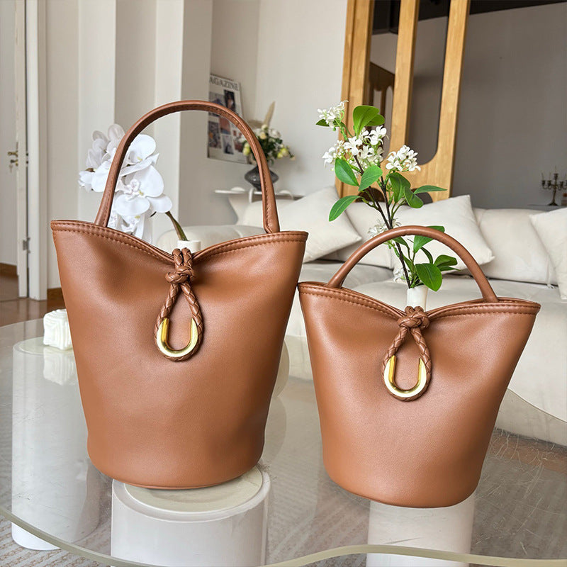 Genuine Cowhide Handwoven Bucket Bag with U-Buckle, New Vintage Shoulder Crossbody Top Handle Purse, Premium Handwoven Handbag for Ladies