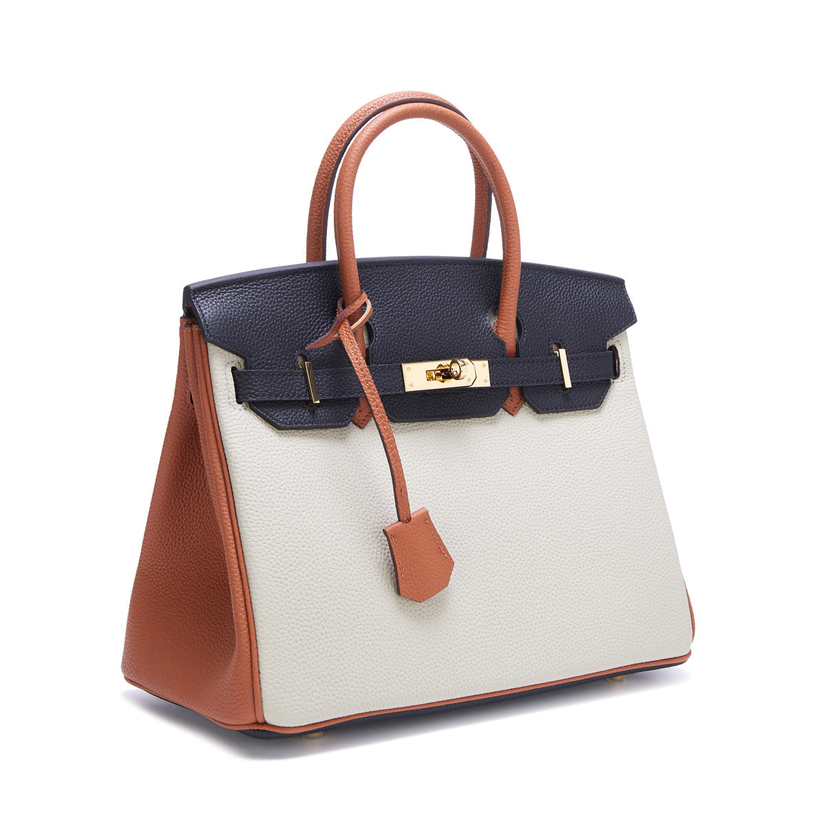 Genuine Leather Two-Tone Tote Shoulder Crossbody Bag, Large Lychee Grain Platinum-Style Contrast Color Handbag, Top-Layer Cowhide Purse for Women