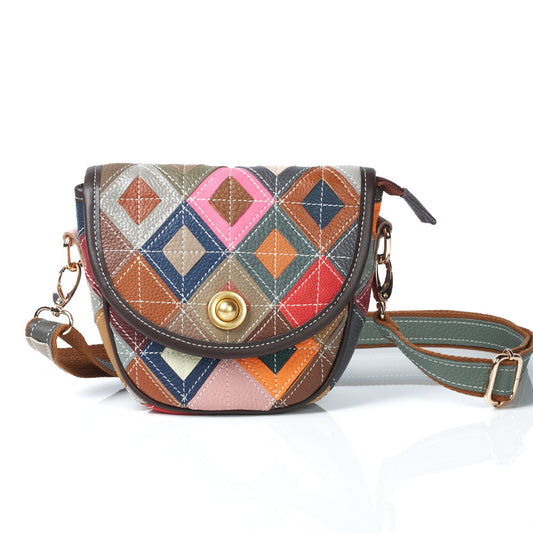 Premium Vintage Genuine Cowhide Leather Saddle Bag for Women | Small Color-Block Cross-Body Handbag with Ethnic Bohemian Design | Trendy Compact Purse for Everyday Chic, Travel & Casual Outings | Unique Statement Accessory with Timeless Retro Flair &