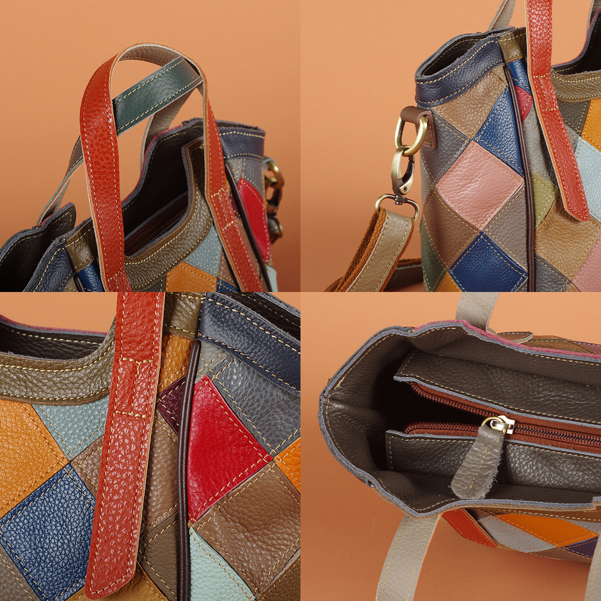 Genuine Leather Vintage Colorful Plaid Patchwork Handbag for Women, Ethnic Casual Shoulder Crossbody Top Handle Purse, Color Block Designer Bag for Ladies
