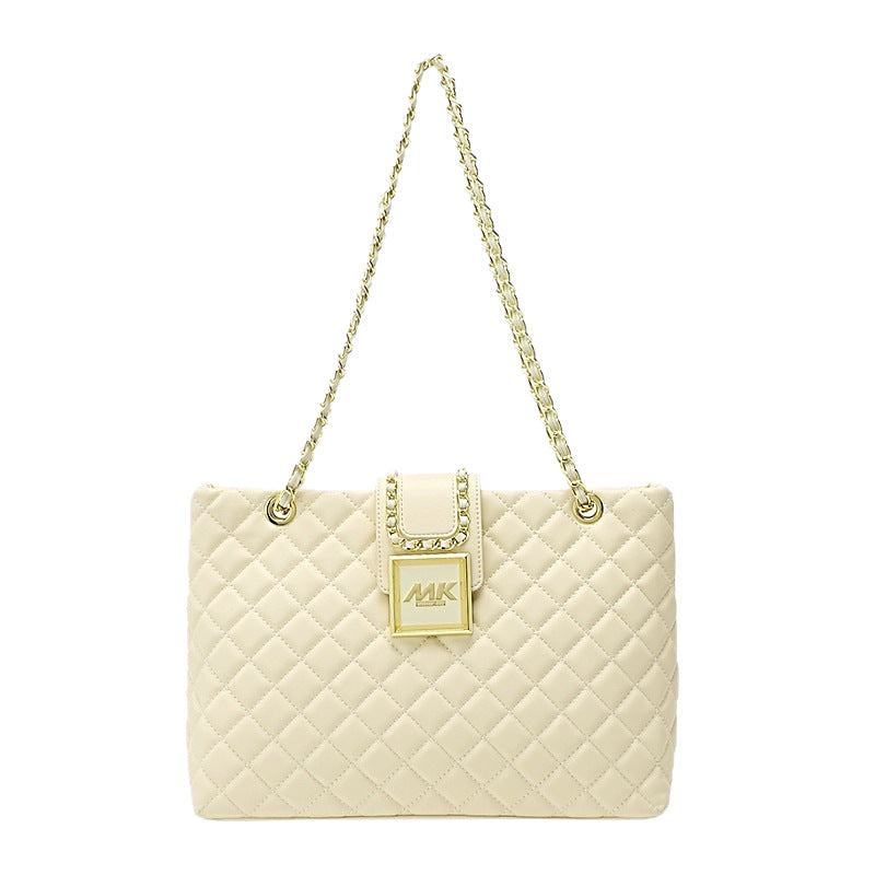 Genuine Leather Diamond Quilted Chain Tote Bag for Women, New Large Capacity Shoulder Handbag, Versatile Everyday Purse for Ladies