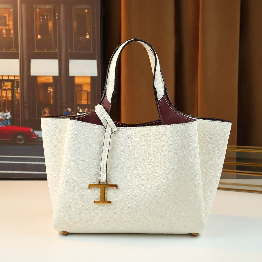 Pebble Grain Tote Bag for Women with T-Shaped Charm Detail, Large Capacity Commuter Shoulder Crossbody Handbag with Versatile Everyday Design