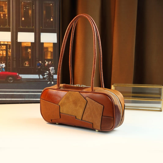 Genuine Leather Baguette Bag for Women Vintage Color-Block Underarm Shoulder Handbag, Mini Square Purse with Charm Accent