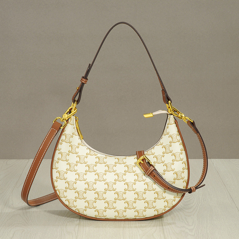 New Vintage Monogram Arch Style Genuine Leather Shoulder Crossbody Bag for Women, Celebrity Crescent Baguette Bag