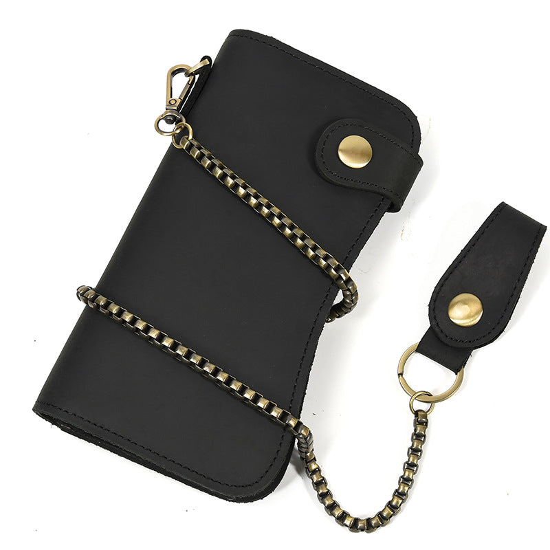 Crazy Horse Leather RFID Blocking Long Wallet for Men, Anti-Theft Chain Clutch, Secure Card Holder Money Bag for Gentlemen