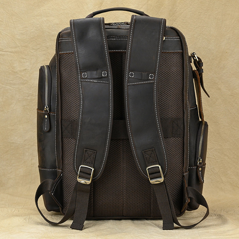 Multifunctional Crazy Horse Leather Large Capacity Backpack, Outdoor Travel School Daypack, Fits 15-Inch Laptop for Men