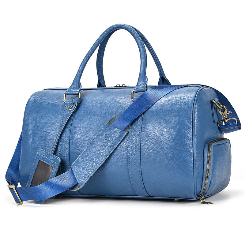 Blue Purple Vintage Pebbled Leather Travel Duffle, Large Gym Bag with Shoe Compartment, Fashionable Top Handle Weekender for Men