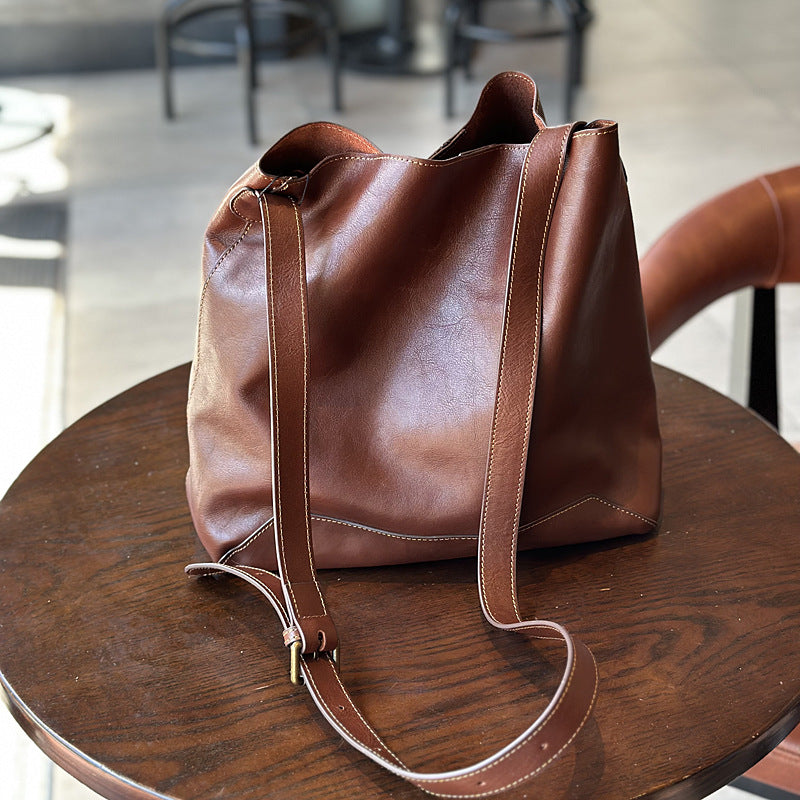 Vegetable-Tanned Cowhide Bucket Tote Bag for Women, Vintage Large Capacity Leather Shopping Shoulder Crossbody Purse, Casual Everyday Handbag for Ladies