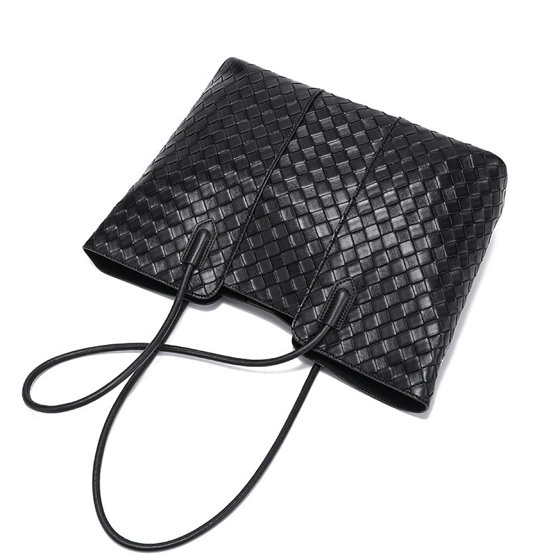 Split Cowhide Handwoven Tote Bag for Women Large Capacity Commuter Shoulder Handbag, Trendy Versatile Purse with Artisan Texture