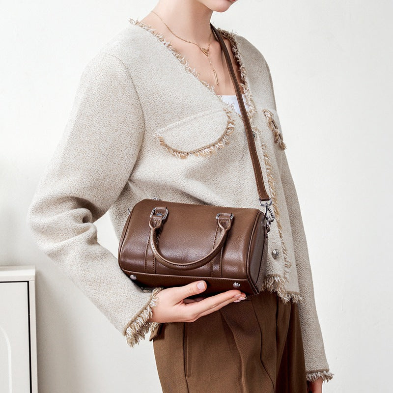 Genuine Top Layer Vegetable-Tanned Cowhide Boston Pillow Bag for Women, Large Capacity Commute Shoulder Crossbody Small Purse, Casual Everyday Leather Handbag for Ladies