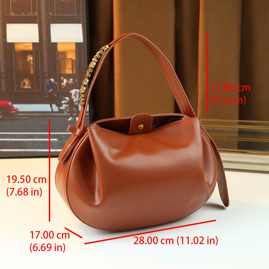 French Style Soft Leather Pleated Cloud Dumpling Bag for Women with Metal Letter Embellishment, Minimalist Solid Color Shoulder Crossbody Handbag