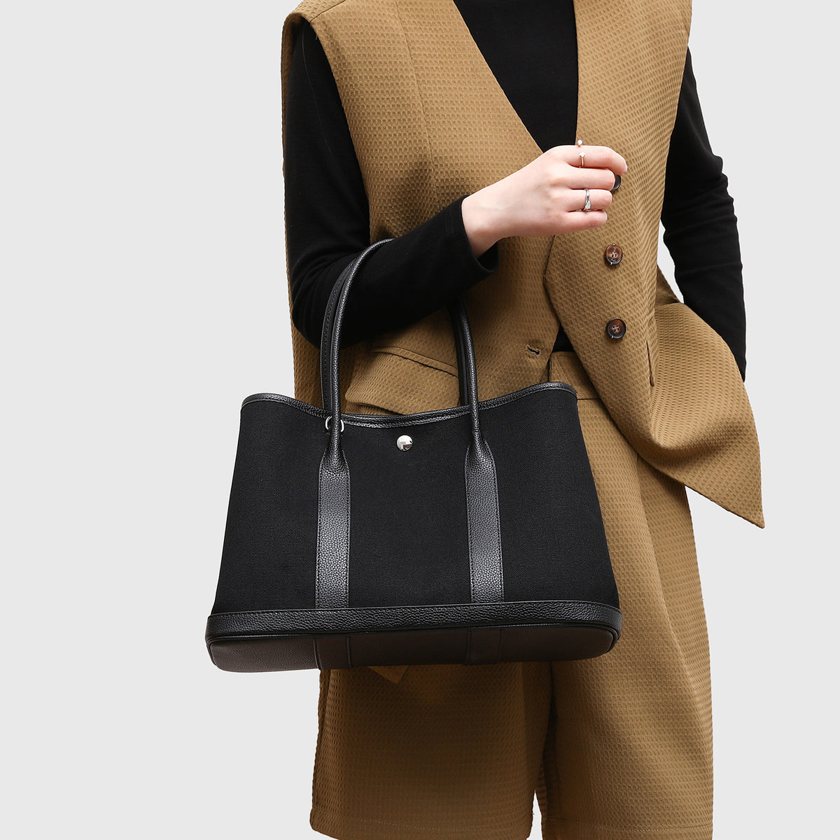 Boutique Style Genuine Leather & Canvas Tote Bag for Women, Spacious Contrast Color Garden Handbag with a Premium Sophisticated Feel, Unique Everyday Carryall