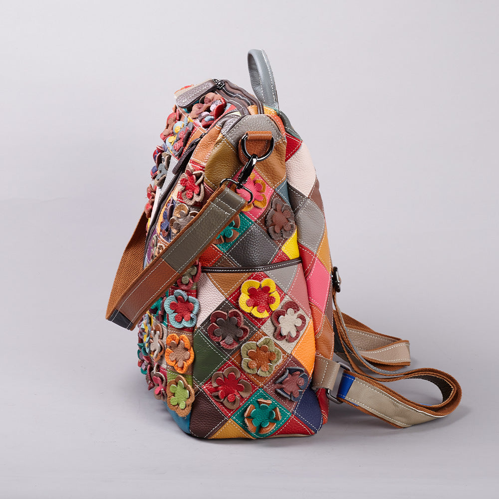 Genuine Top Layer Cowhide Vintage Color Block Patchwork Backpack, Large Capacity Travel School Daypack, Commute Bag for Men and Women, Casual Leather Rucksack