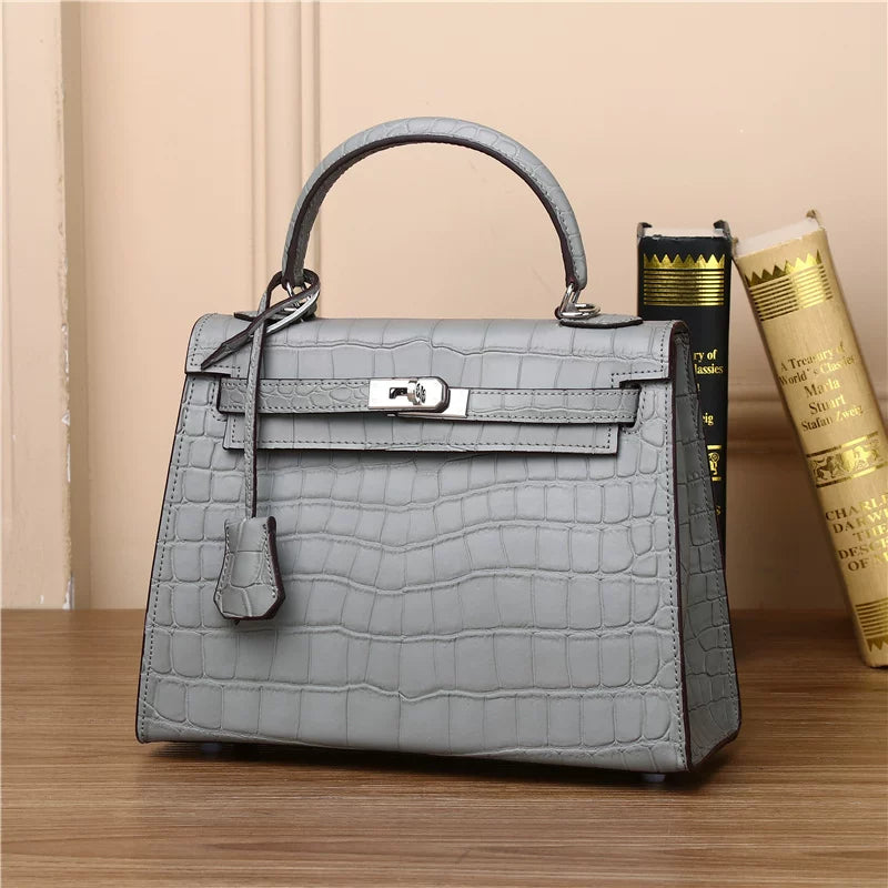 New Arrival Matte Croc-Effect Kelly-Inspired Handbag for Women, Premium Genuine Leather Shoulder Top-Handle Crossbody Bag with Versatile Banquet Design