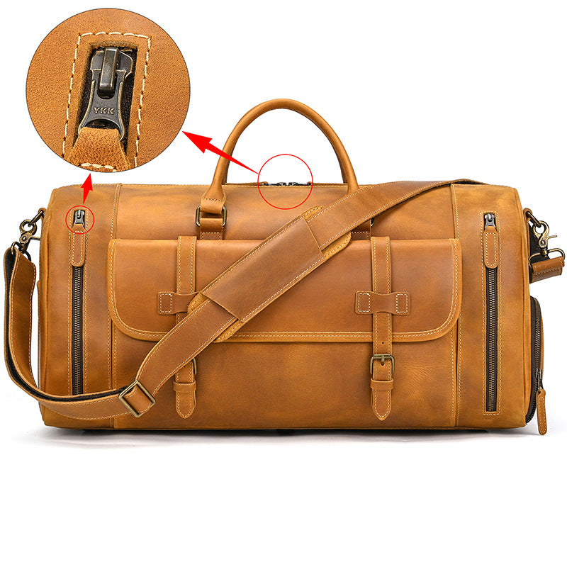 Large Capacity Crazy Horse Leather Travel Duffle with Shoe Compartment, Top Handle Shoulder Crossbody Luggage Bag for Men