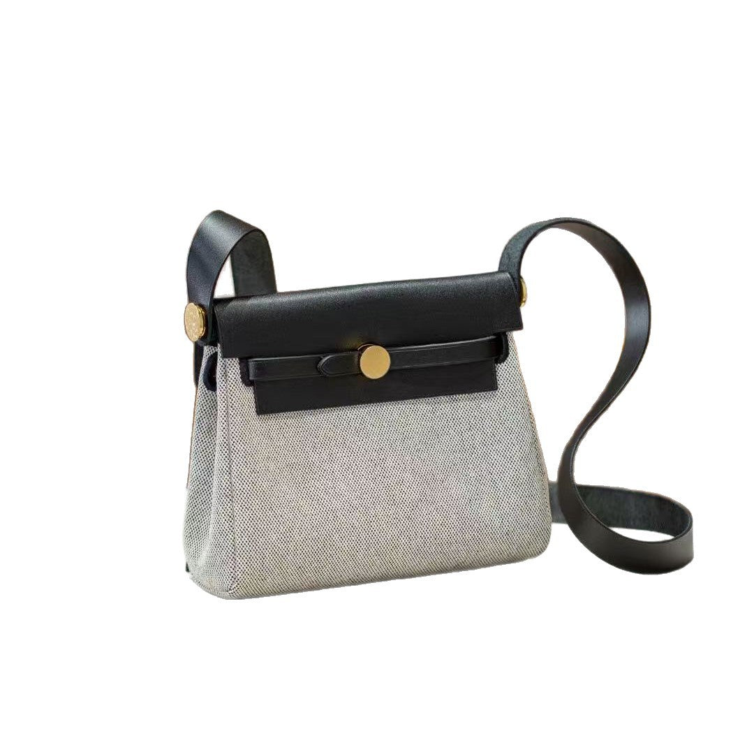 Genuine Cowhide & Canvas Mini Kelly-Style Herbag for Women, Internal Stitching Color Block Shoulder Crossbody Purse, Niche Commute Handbag for Ladies