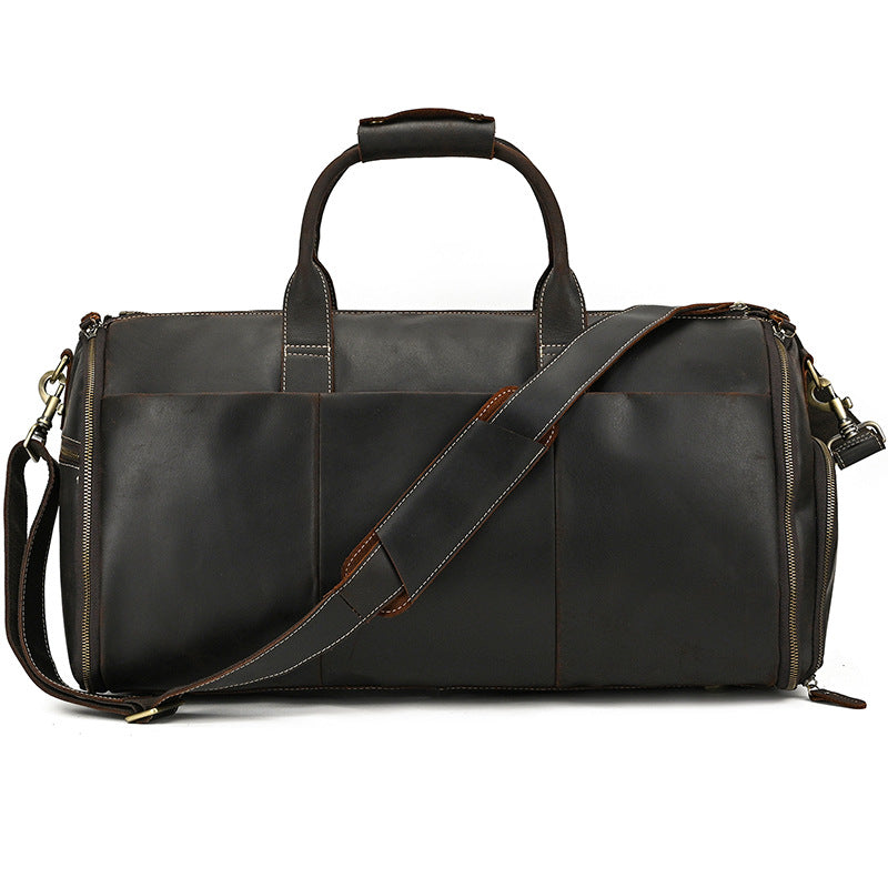 Multifunctional Crazy Horse Leather Travel Duffle, Foldable Suit Garment Bag with Wet-Dry Separation, Premium Gym Weekender for Men