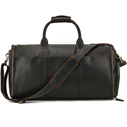 Multifunctional Crazy Horse Leather Travel Duffle, Foldable Suit Garment Bag with Wet-Dry Separation, Premium Gym Weekender for Men
