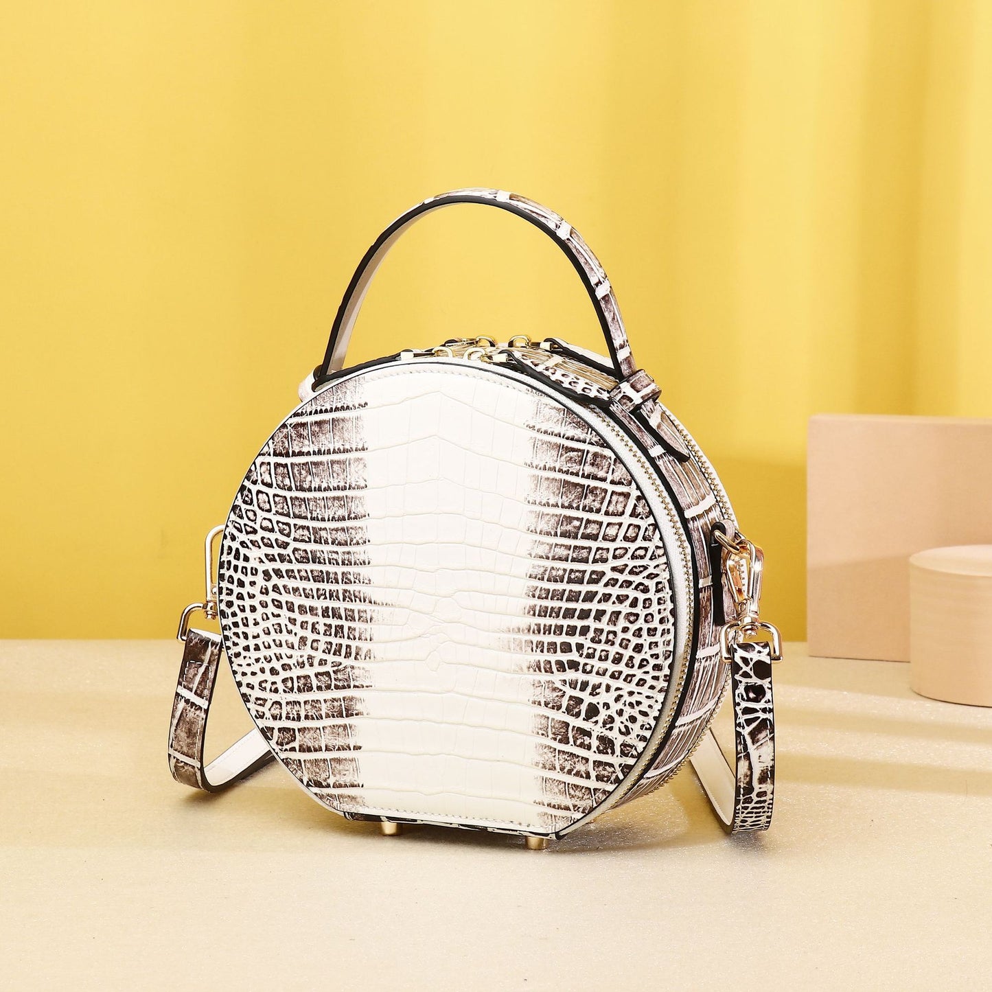 New Arrival Classic Croc-Effect Round Bag in Himalayan White for Women, A Crossbody Shoulder Mini Backpack with Top Handle & Elegant Design