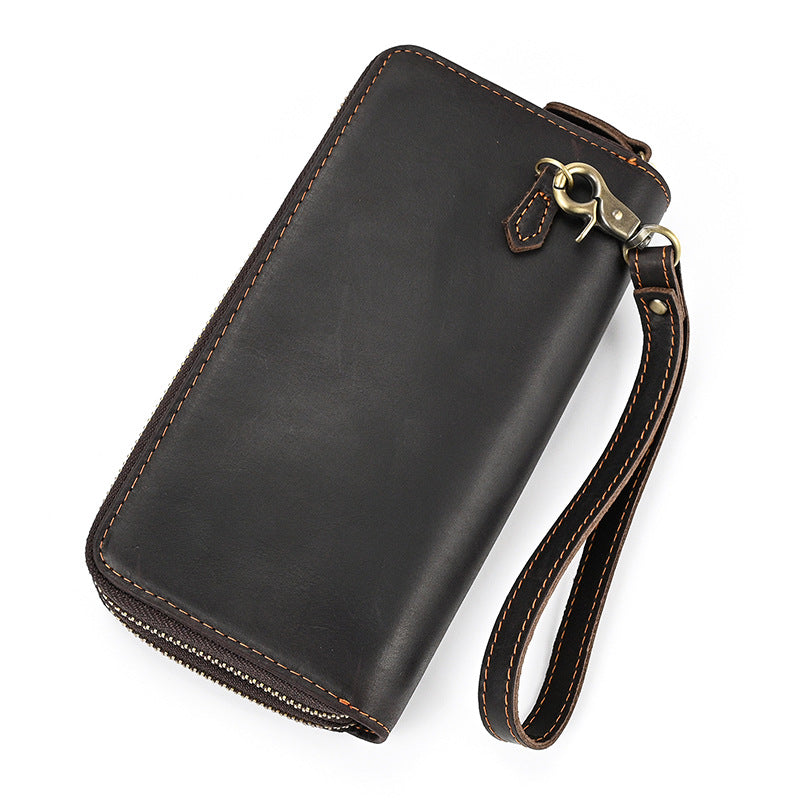 Crazy Horse Leather Double Zipper Long Wallet for Men, Genuine Cowhide Bifold Clutch with Two-Zip Closure, Premium Men's Wallet