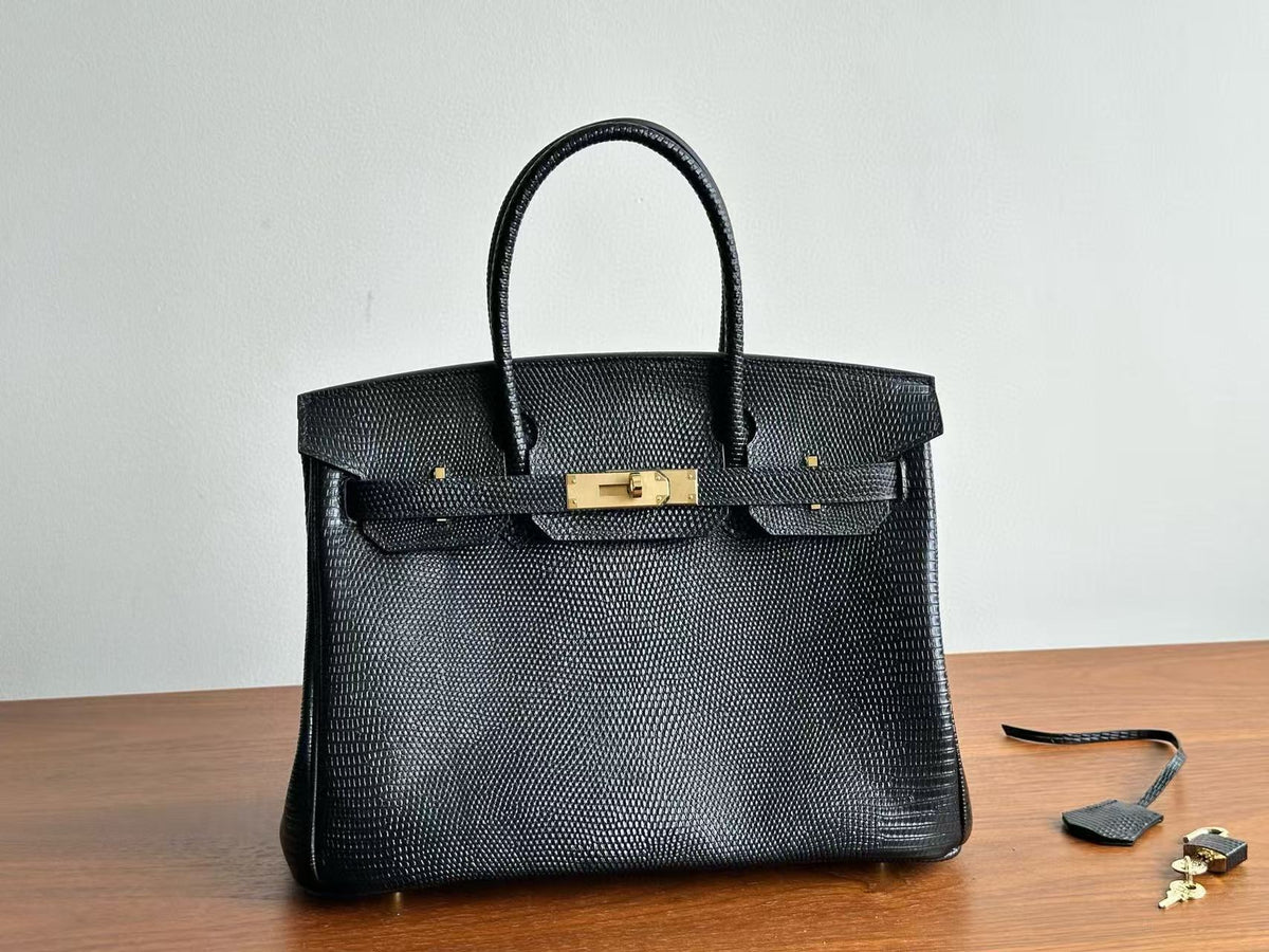 Genuine Top Layer Cowhide Lizard-Embossed Birkin 30cm Bag for Women, Hermès-Style Lock Clasp Top Handle Purse, Premium Leather Handbag for Ladies
