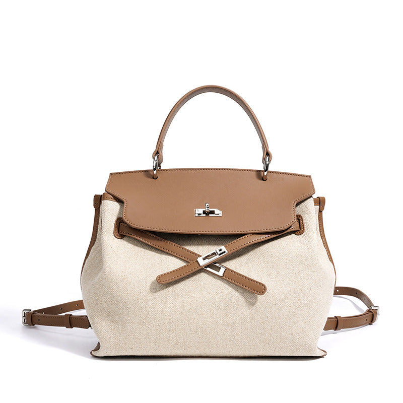 Genuine Leather & Linen Versatile Top Handle Backpack for Women, Korean Style High-End Commute Daypack, Premium Casual Bag for College Students and Ladies