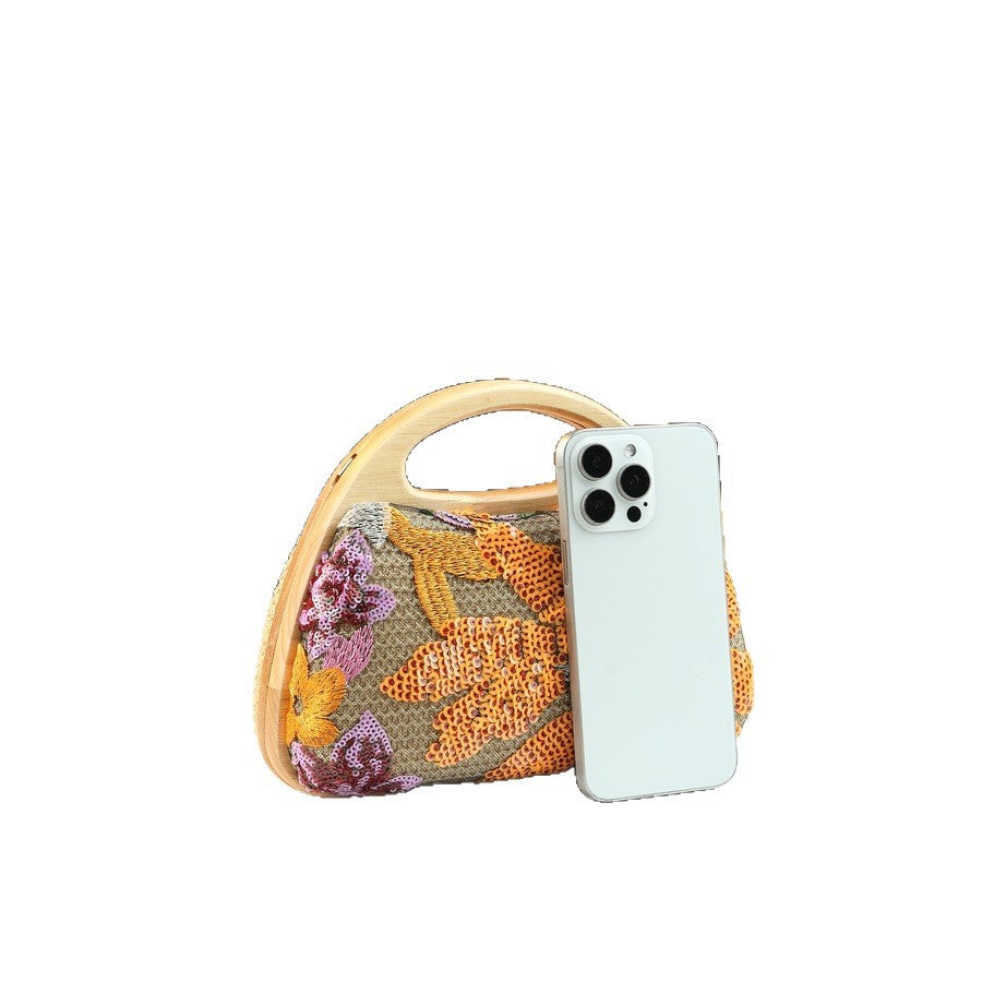 New Arrival Linen Sequin Mesh Embroidery Bag for Women, An Elegant Evening Clutch with Clasp Closure & Trendy Top-Handle Design