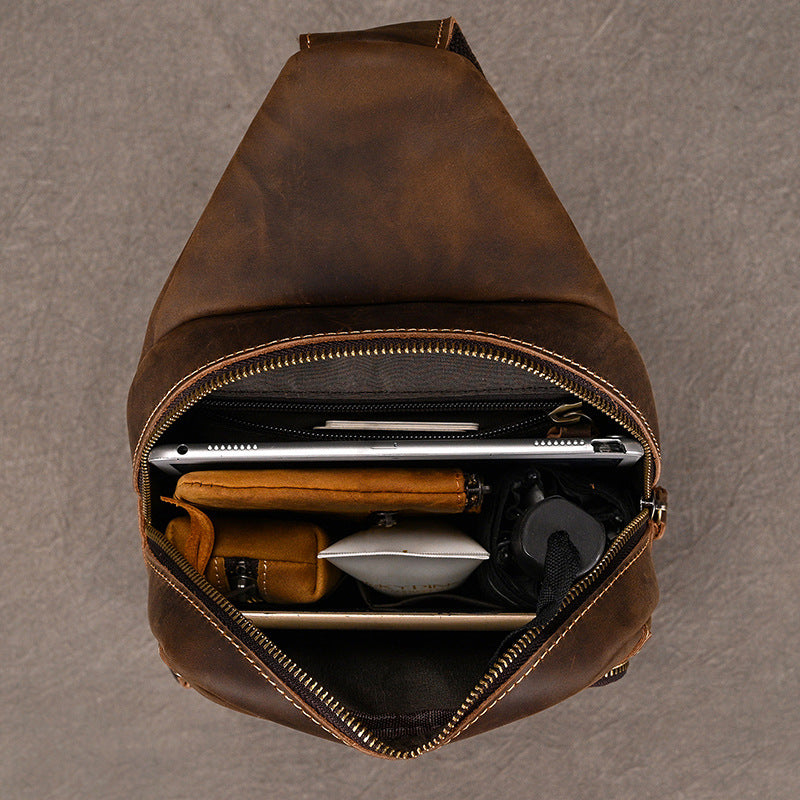 Large Capacity Crazy Horse Leather Chest Bag, Casual Crossbody Shoulder Pouch, Cowhide Bag Fits iPad for Men