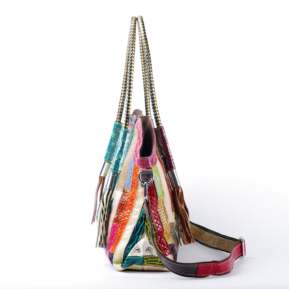Snakeskin Patent Stripe Color Block Tote Bag with Tassel, Genuine Leather Shoulder Crossbody Purse, Fashionable Handbag for Women