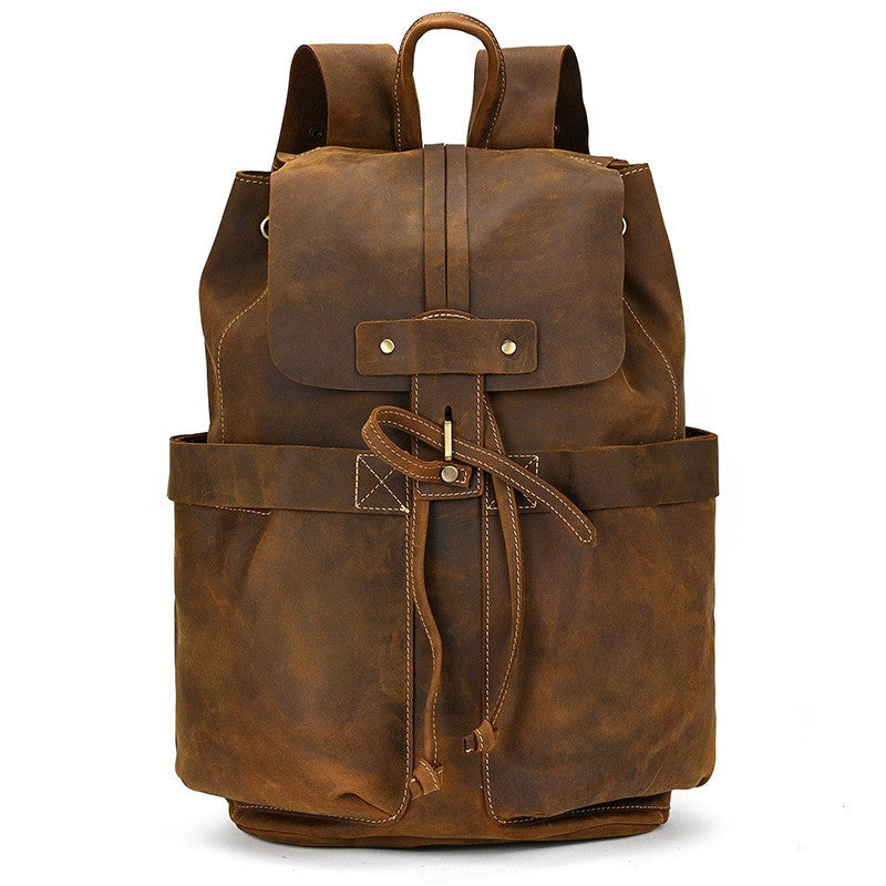 Crazy Horse Leather Flap Drawstring Large Capacity Backpack, Casual School Travel Rucksack, Versatile Daypack for Men and Women